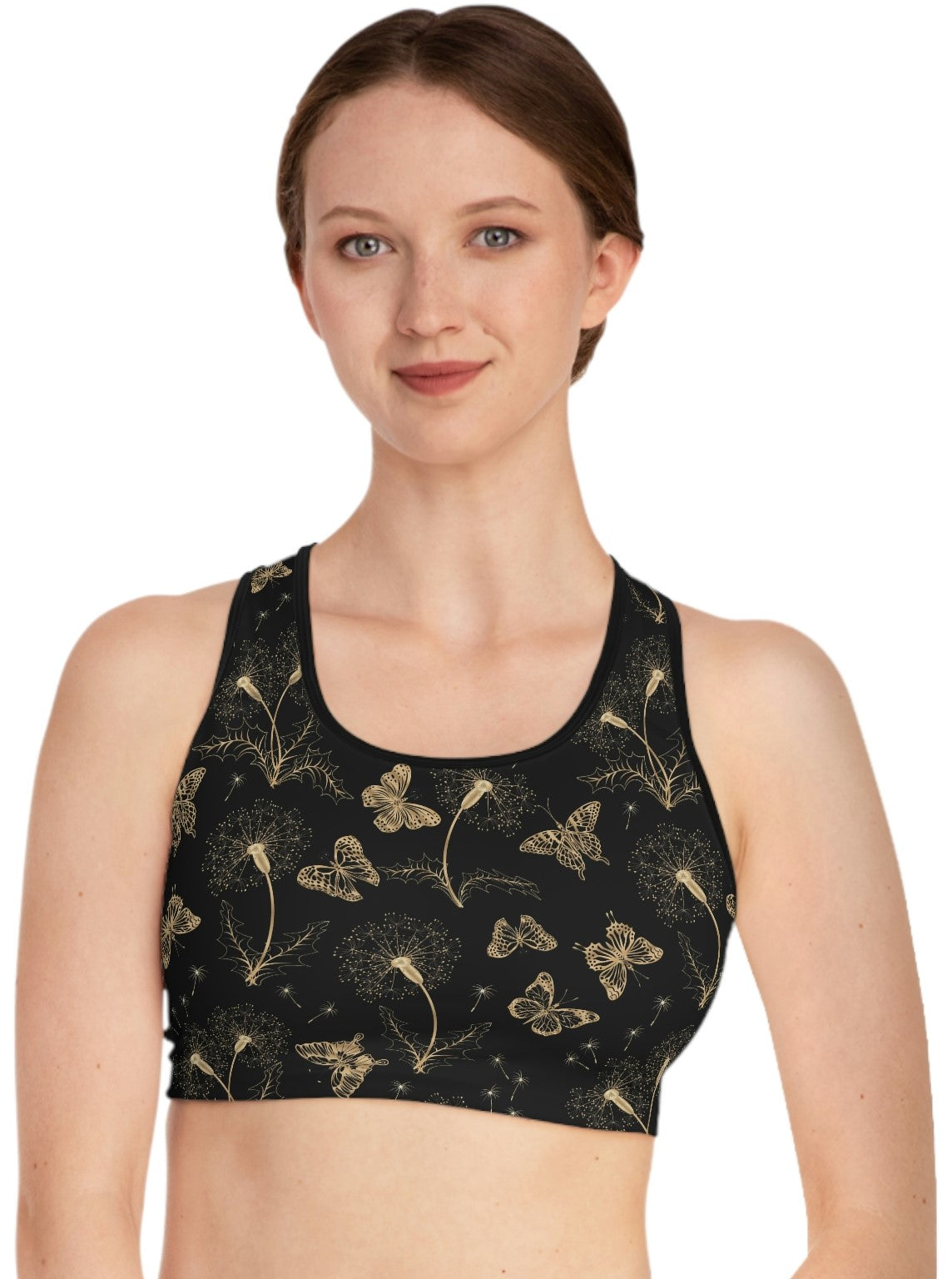 Gold Butterflies & Flowers Sports Bra